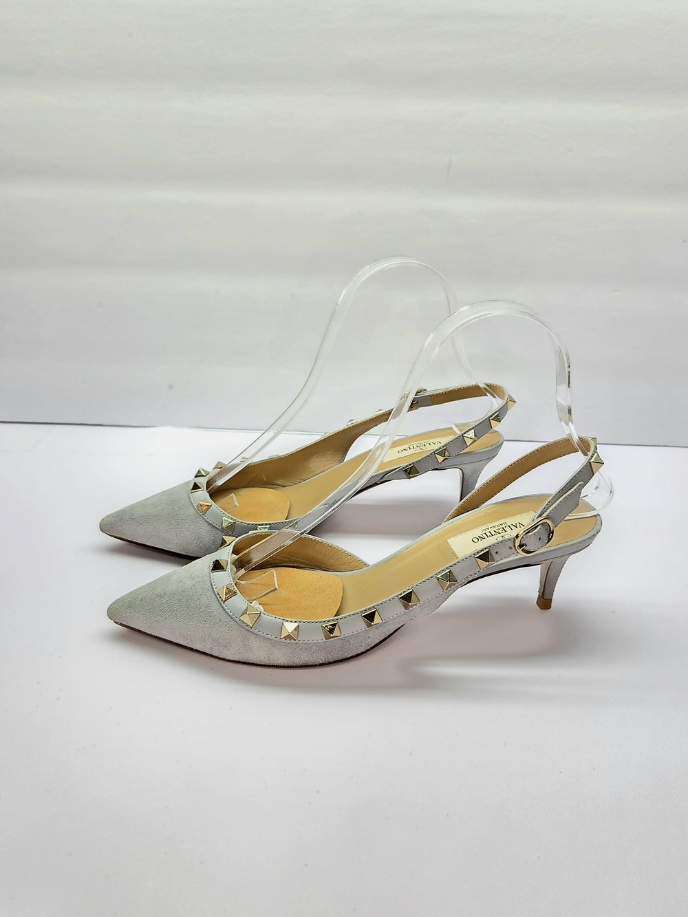 Valentino Garavani Rockstud Gray Suede Slingback Kitten Heel Pumps 37.5